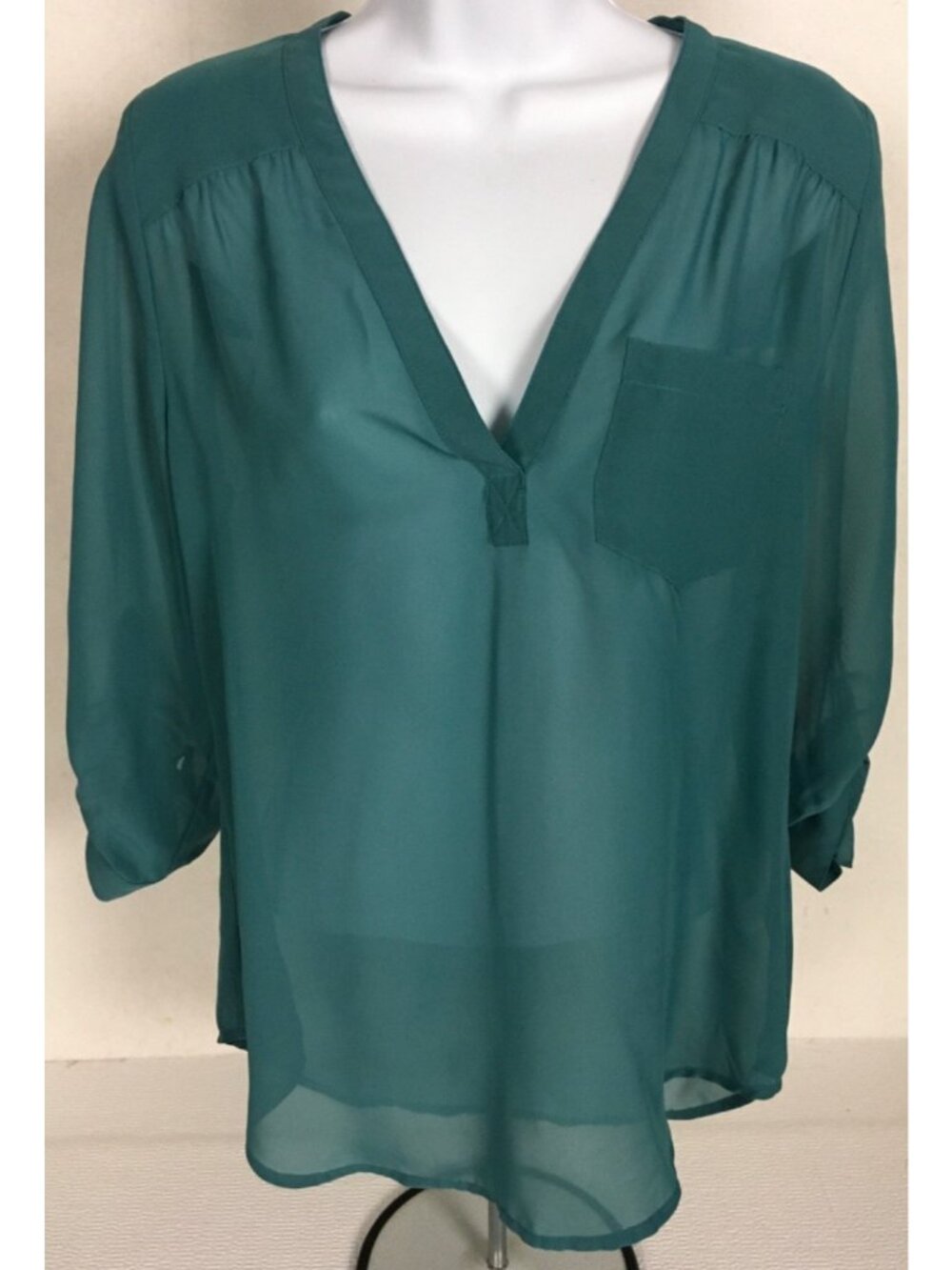 Maurices Top Size S Green Sheer V neck 3/4 Sleeves 1 Front Pocket